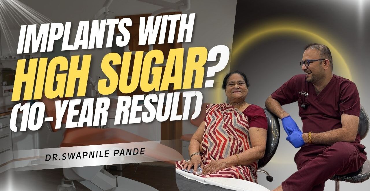 Dental implants with high sugar patient 10 year result by Dr Swapnil Pande implant specialist in Mumbai sitting with elderly female patient in dental clinic