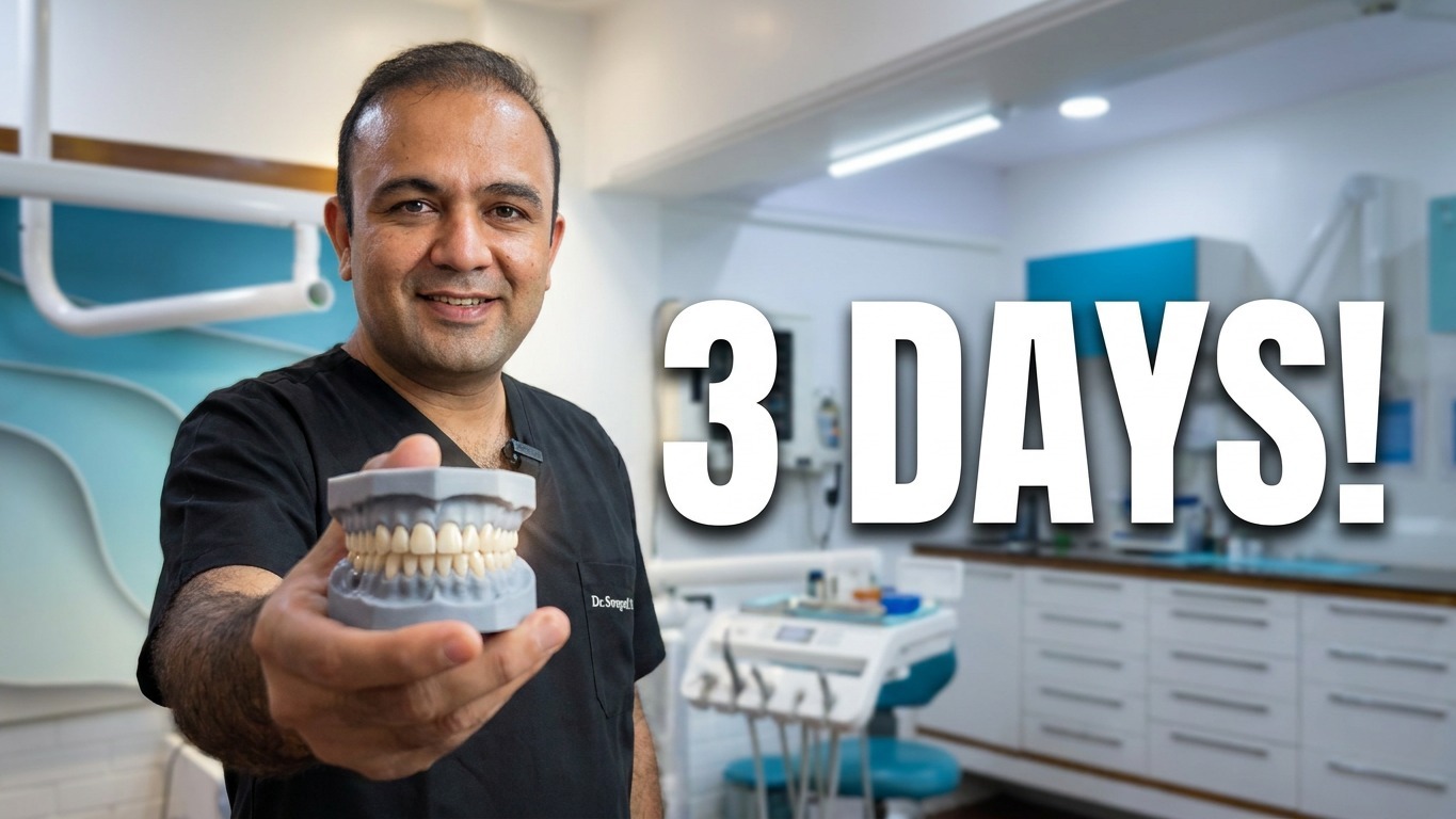 Dr. Swapnil Pande holding a dental implant model with '3 Days' text, representing New Smile in 3 Days and Immediate Dental Implant treatment in Mumbai.